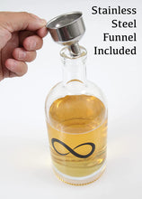 Infinity Bottle Liquor Decanter - Glass Bottle with Cork, Steel Funnel, and Labels